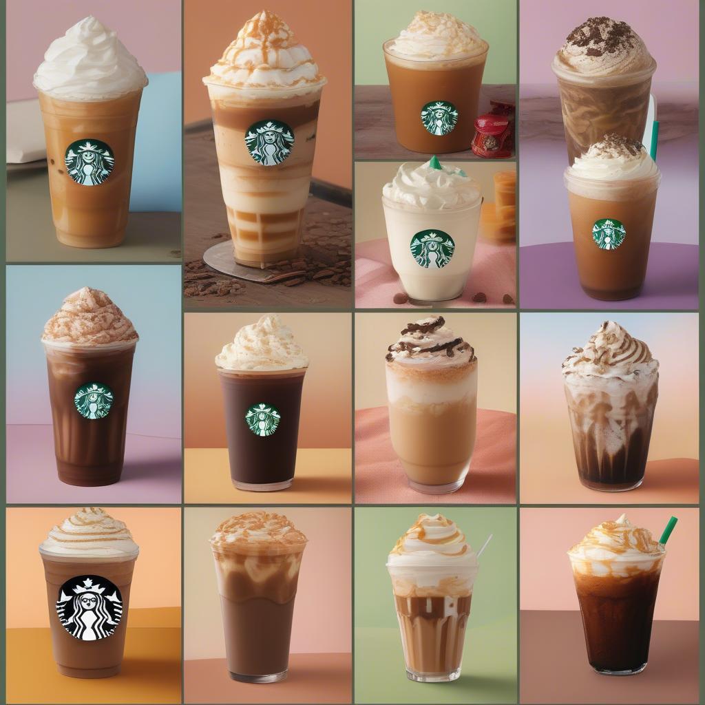 Đồ uống đặc biệt tại Starbucks: Caramel Macchiato, Mocha, Frappuccino và các loại trà sữa.