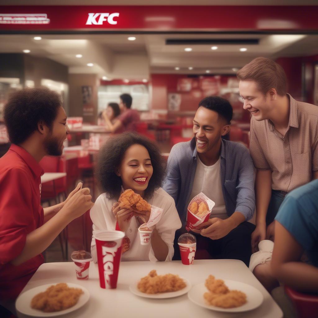 Khách hàng đang thưởng thức gà rán KFC.