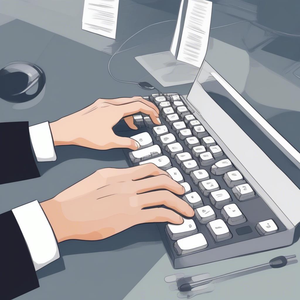 A close-up of a person's hands typing quickly and accurately on a computer keyboard, showcasing essential data entry skills.