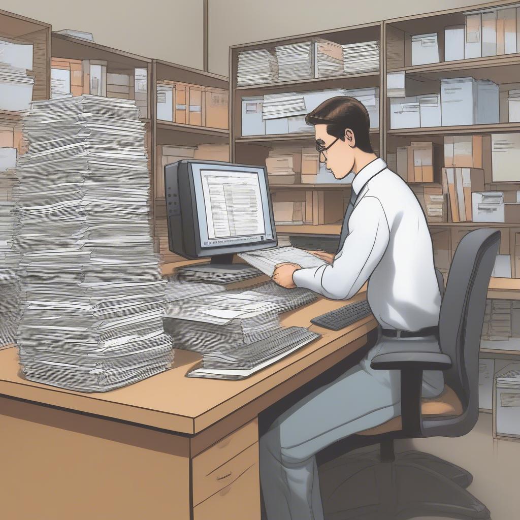 A data entry clerk working diligently at their computer, surrounded by paperwork.