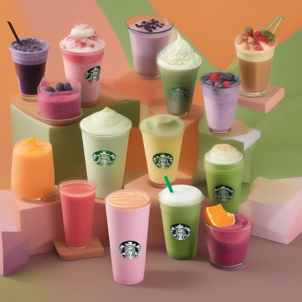 Trà và các loại thức uống khác tại Starbucks: Matcha Latte, English Breakfast, nước ép trái cây, sinh tố.