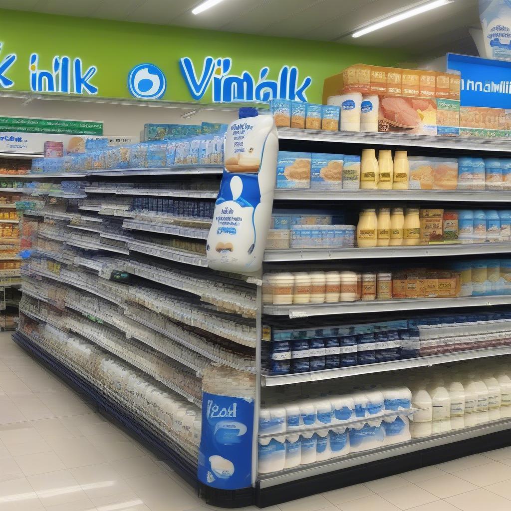 Vinamilk trên thị trường quốc tế: Hình ảnh sản phẩm sữa Vinamilk được trưng bày trên kệ siêu thị ở nước ngoài.